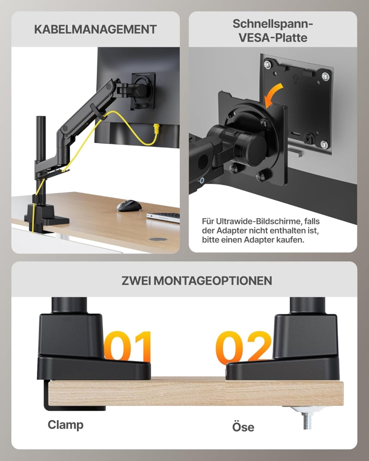 monTEK Heavy-Duty Monitorarm - 1 Monitor - [17-57" / bis 27kg] - USB-C & XXL-Mittelstange